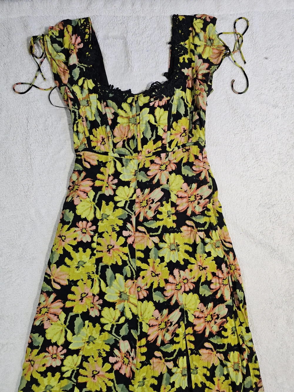 Free People Pippa Floral Maxi Dress XS Black Yellow Lace Square Neck.